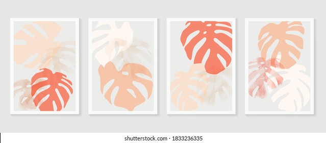 Botanical Monstera wall art vector set. Earth tone boho foliage line art drawing with  abstract shape.  Abstract Plant Art design for print, cover, wallpaper, Minimal and  natural wall art.
