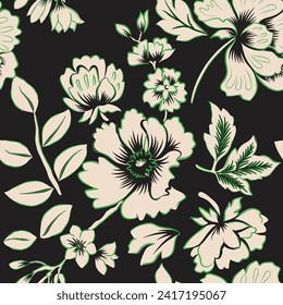 Botanical Motifs are scattered randomly. Seamless vector texture. For fashion prints. Printing in hand-drawn style on dark background color