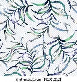 Patrón transparente multicolor botánico de hojas de Fern sobre fondo rayado diagonal blanco. Diseño de papel tapiz exótico