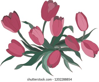 Botanical multi-colored pattern with tulips and leaves.Bouquet of flowers.Vector illustration.The theme of spring and summer.March.Flowers.Template for Wallpaper, postcard,paper,fabric, web page.