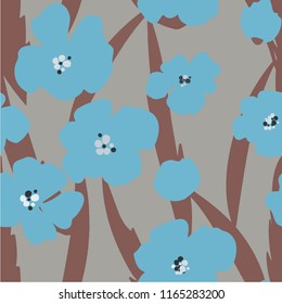 Botanical multi-colored seamless pattern with flowers and leaves. Poppies.Vector illustration. The theme of the summer and fall. Silhouettes.Template for Wallpaper, postcard, paper, fabric, web page.