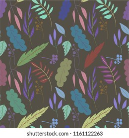 Botanical multi-colored seamless pattern with leaves. Vector illustration. Dark background. The theme of the summer and fall. Template for Wallpaper, postcard, paper, fabric, web page.