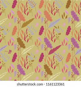 Botanical multi-colored seamless pattern with leaves. Vector illustration. The theme of the summer and fall. Warm colour scheme.Template for Wallpaper, postcard, paper, fabric, web page.