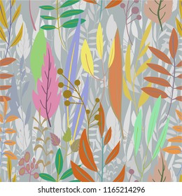 Botanical multi-colored seamless pattern with leaves. Vector illustration. The theme of the summer and fall. Silhouettes.Background for Wallpaper, postcard, paper, cloth, web page.