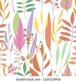 Botanical multi-colored seamless pattern with leaves. Vector illustration. The theme of the summer and fall. Silhouettes.Background for Wallpaper, postcard, paper, cloth, web page.