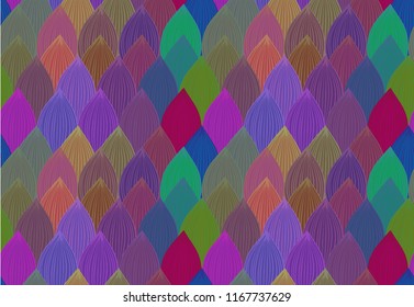 Botanical multi-colored seamless pattern with leaves. Vector illustration. The theme of the summer and fall. Ovals, sharp corners, rows.Template for Wallpaper, postcard, paper, fabric, web page.