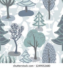 Botanical multi-colored seamless pattern with trees. Vector illustration. The theme of the summer and fall. Silhouettes.Template for Wallpaper, postcard, paper, fabric, web page.
