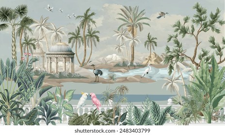 Botanical Mural Landscape, Mughal Mural, Tropical Background with Dom and Birds.