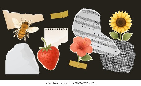 Botanical and musical vintage paper sticker set on black background