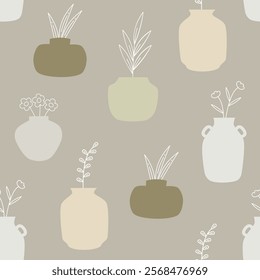 botanical natural branch pot floral clean beige hand drawn seamless pattern 