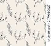 Botanical natural pattern with outline seed pods, hand drawn doodles on pastel background. For packaging, textile covering. Vector illustration