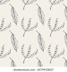 Botanical natural pattern with outline seed pods, hand drawn doodles on pastel background. For packaging, textile covering. Vector illustration