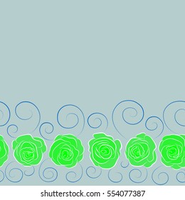 Botanical natural seamless pattern with copy space. Watercolor style in neutral, green and blue colors. Summer Vintage Floral Greeting Card with horizontal Blooming Green Rose flowers.