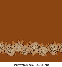 Botanical natural seamless pattern with copy space. Watercolor style in orange, beige, brown colors. Summer Vintage Floral Greeting Card with horizontal Blooming orange, beige and brown Rose flowers.