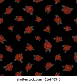 Botanical natural seamless pattern on a black background in watercolor style. Summer Vintage Floral Greeting Card with Blooming brown and orange Rose flowers.