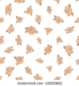Botanical natural seamless pattern on a white background in watercolor style. Summer Vintage Floral Greeting Card with Blooming brown and orange Rose flowers.