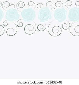 Botanical natural seamless pattern with place for your text. Watercolor style in green and neutral colors. Summer Vintage Floral Greeting Card with horizontal Blooming green and neutral Rose flowers.