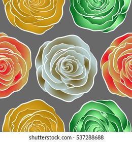 Botanical natural seamless pattern, watercolor style in yellow, red and green colors. Summer Vintage Floral Greeting Card with Blooming yellow, red and green Rose flowers.