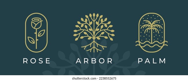 Conjunto de iconos de naturaleza botánica. Logotipos de árbol modernos. Símbolos de planta. Emblemas de rosa, palmera y árboles. Ilustración vectorial.