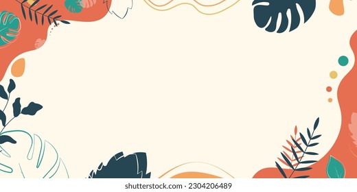 Botanical and nature summer vector background. Colorful tropical nature banner template. Leaves and branch colorful background in trendy summer colors.
