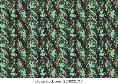 Botanical olive plant branches with leaves and berries abstract seamless pattern vector illustration. Repeating Olive tree in turquoise colors background. Graphic design for Wallpaper Print Cover Card