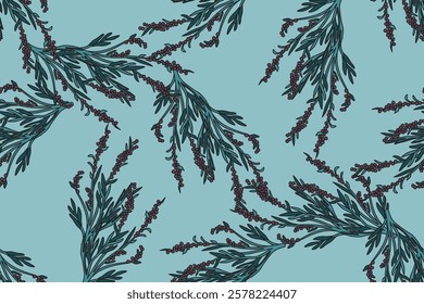 Botanical olive plant branches with leaves and berries abstract seamless pattern vector illustration. Repeating Olive tree in blue colors background. Graphic design for Wallpaper Print Cover Textile