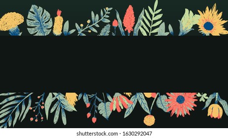 Botanical on black background. Design space and copy space. Fantasy floral leaf art illustration. Decoration elements vector
