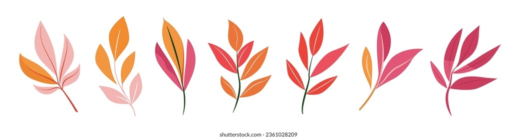 Botanical orange set, vivid autumn, bright fall leaves collection. Greenery foliage plant for home arrangement, romantic floral design. Garden, office, patio decor. Nature, environment illustration