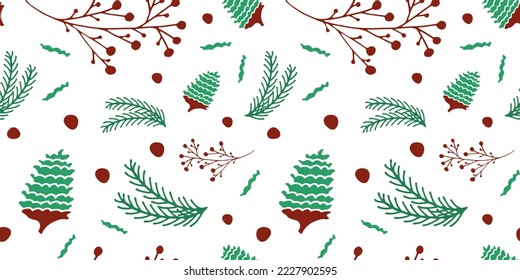 Botanisches, organisches Muster nahtlos mit Kiefernzapfen und Ästen. Grün, Farbe. Vektorgrafik Doodle Style Design für Banner, Bücher, Broschüren, Vorlagen, Notebook, Stoff, Kleidung, Papier.