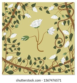 Botanical ornament of the elements of the plant Actinidia kolomikta. White flowers and green leaves with thin long vines.