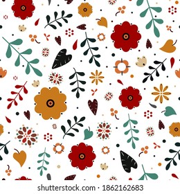 Botanical ornament inspired by Russian folk traditional ornaments. Bright endless vector structure on white background. For textile, wallpaper, postcards, wrapping paper, notebook cover, bed linen.