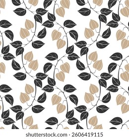 Botanical ornament - Physalis pattern, twigs with beige lanterns and dark leaves. 