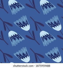 Ornamento botánico sin fisuras con formas florales simples. Pintura de paleta azul. Ilustración bursátil. Diseño vectorial para textiles, tela, giftwrap, papel pintado.