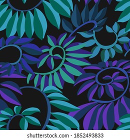 Botanical ornament. Stylized decorative leaves. Nature spiral seamless pattern made of abstract geometrical shapes. Textile and fabric design, fashion texture.