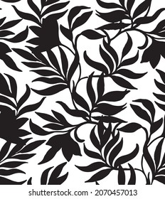Botanical ornamental floral silhouette print repeat pattern. Hand drawn floral pattern. Seamless vector background. Elegant  template for fashion print, fabric or wallpaper.