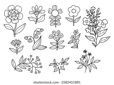 Botanical outline drawings. Seasonal decoration flowers, branches, leaves, bouquets, chamomile, and lily of the valley and buds. Isolated Linear hand doodles for design. Vector illustration