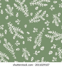 Botanical outline herbs seamless repeat pattern. Random placed, vector plants all over surface print on sage green background.