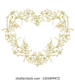 Botanical outline wreath with hand drawn flowers daffodil, narcissus in shape of heart. Monochrome floral elements on white. For create greeting card mockup, wedding invitation. Vector illustration.