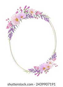 Botanical oval frame and border. Pink and purple wild flower on white background.  Gold line with plant wreath. Vector illustration.