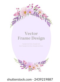 Botanical oval frame and border of spring flower and leaf. Pink and purple wild flowers vector illustration.