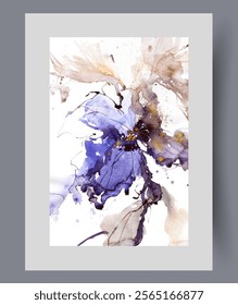 Botanical painting with large flower with blue petals to decorate walls eco cafe. Botanical collage with abstract flower and bright elements for design magazines about floriculture and plant growing