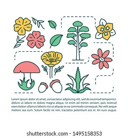 Botanical park article page vector template. Forest foliage. Brochure, magazine, booklet design element with linear icons and text boxes. Print design. Concept illustrations with text space