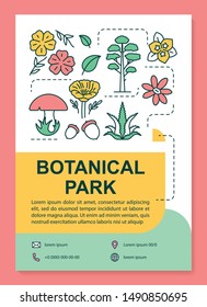 Botanical park poster template layout. Flowers and plants. Forest foliage. Banner, booklet, leaflet print design with linear icons. Vector brochure page layouts for magazines, advertising flyers