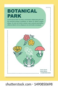 Botanical park poster template layout. Autumn foliage and mushroom. Banner, booklet, leaflet print design with linear icons. Vector brochure page layouts for magazines, advertising flyers