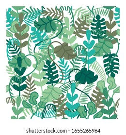 Botanical pattern background with jungle florals, vector illustration in popular art style