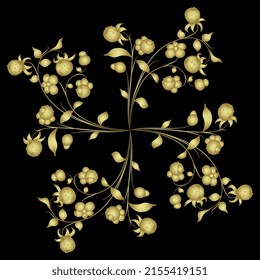Botanical pattern with blooming branches of strawberry plant. Cross shape bouquet with leaves, flowers and berries. Golden glossy silhouette on black background.