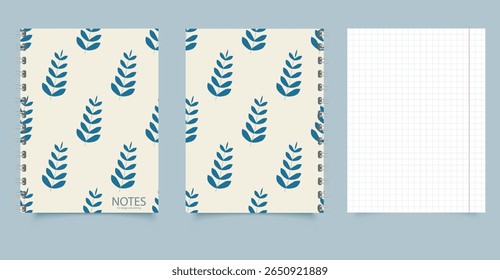 Botanical pattern with blue branches, notebook design for notes with squared sheets. Editable file