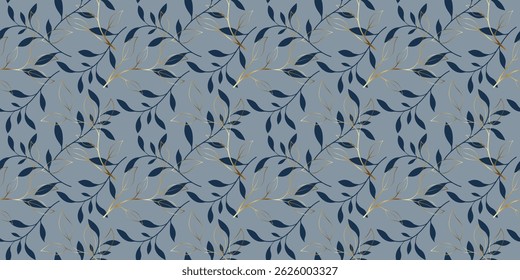 Botanical pattern with blue and gold leaves on light blue background. For textile, fabric, wallpaper, background, decor. Vector images.