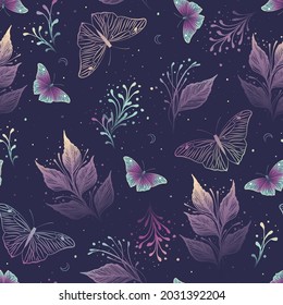 Botanical pattern with butterflies and herbs. Contemporary composition. Trendy texture for print, textile, packaging.