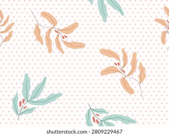 Botanical Pattern Delight: A whimsical seamless pattern featuring delicate branches with soft peach and aqua leaves, scattered across a charming pink polka dot background.